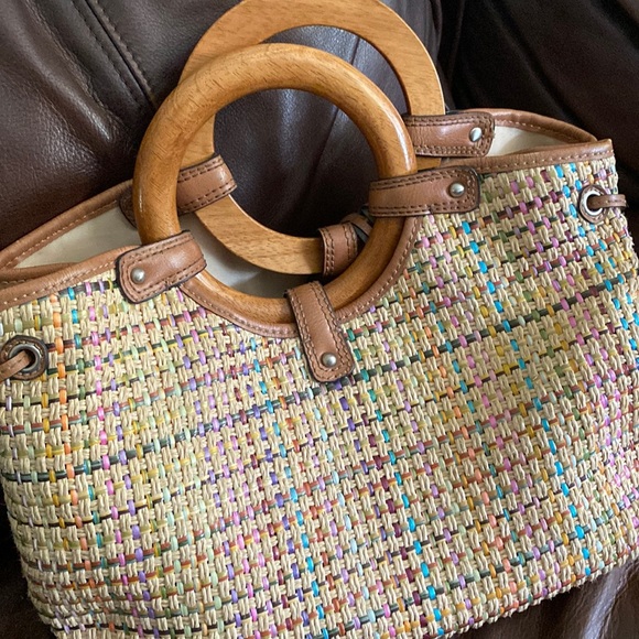 Fossil Handbag with Wooden Top Handle Straw/Plaid pattern - Picture 3 of 17